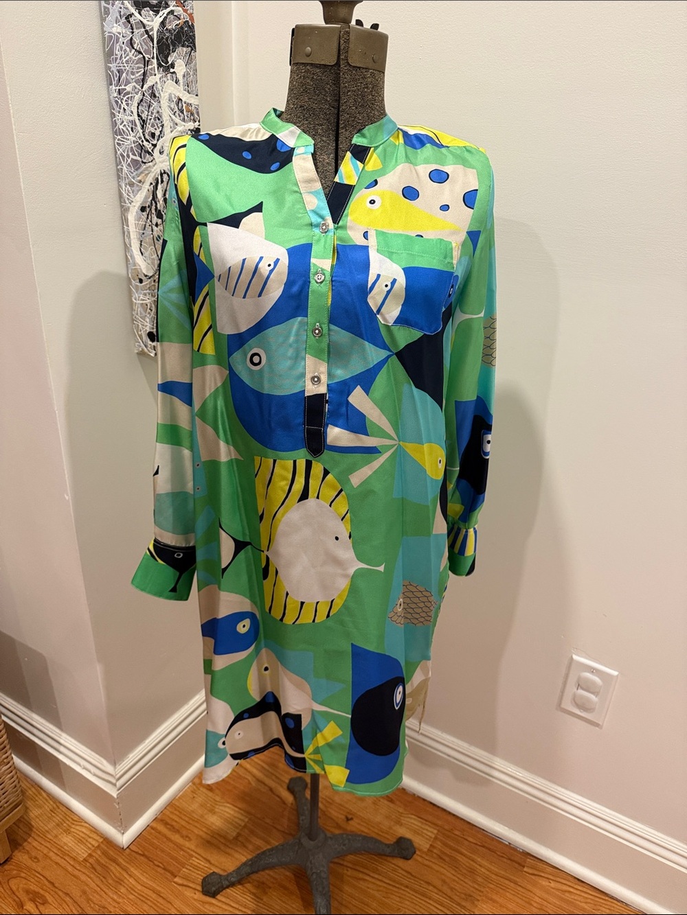 Vilagallo Green, Blue & Yellow Printed Long-Sleeve Shift Dress